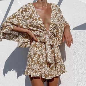 Caramel brown and white Floral Tie-Front Romper with Ruffle Hem
